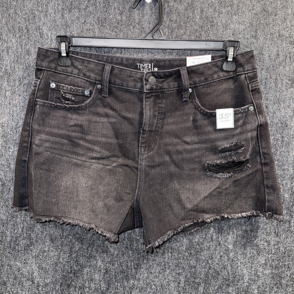 TIME AND TRU Size 10 High Rise Distressed Black Jean Shorts Festival Raw Hem